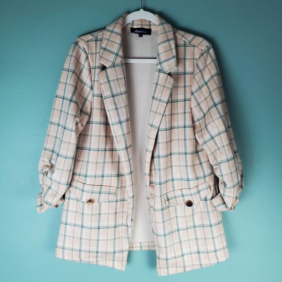 Aliceblue Womens Cream Green Plaid Open Front Blazer Jacket Workwear Size Large - Picture 1 of 8